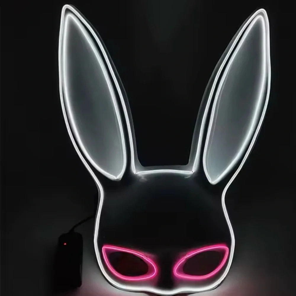 LED Light-Up White Illuminated Pink Neon Bunny Face Ears Plastic Costume Mask
